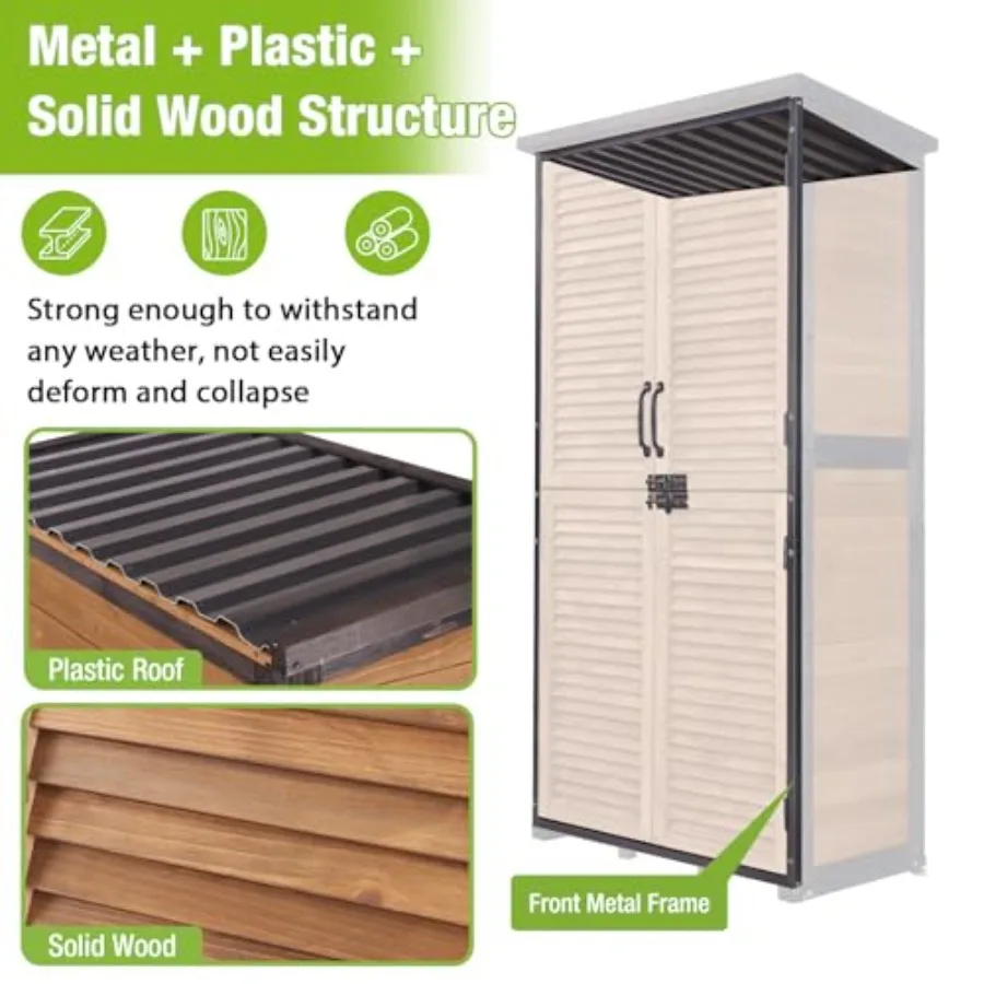 Outdoor storage cabinet with metal frame, gray finish, waterproof design for garden tool organization and durable floor with ad
