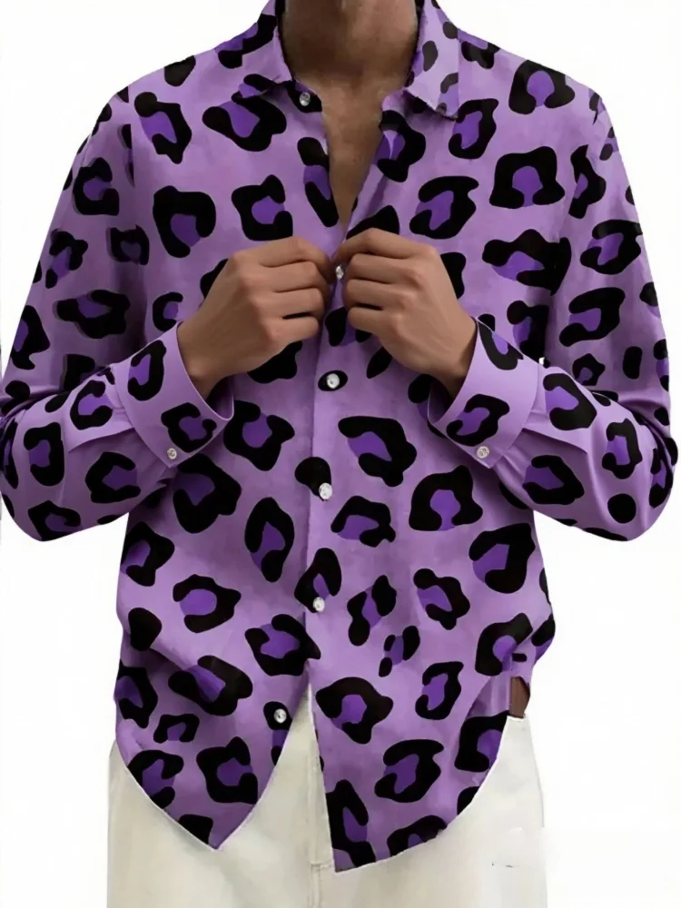 

Men'S Plus Size Tops Vibrant Leopard Print Long Sleeve Button-Up Shirt Casual Style Loose Fit Autumn Office Man 2025 Blouses