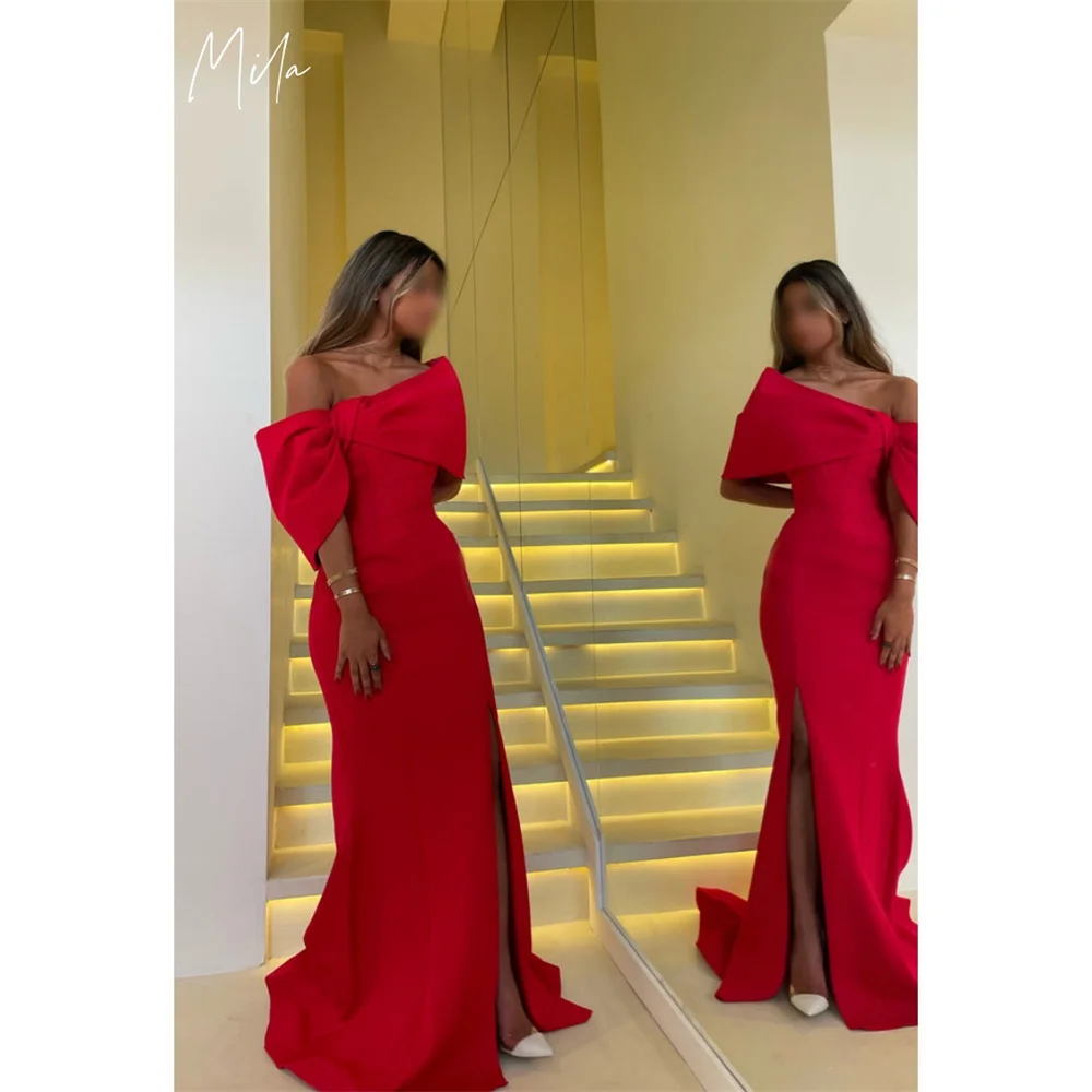 

Mila Bow Straps Customized Red Evening Dresses Side High Split Prom Dress 2025 Mermaid Floor-Length Wedding Party Formal Gowns