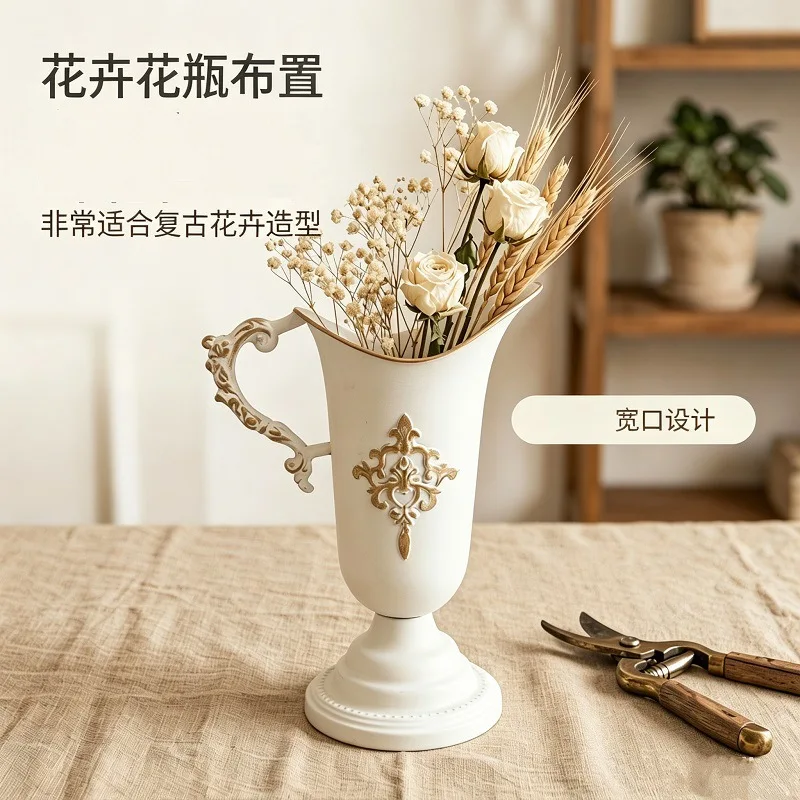French palace vintage vases, high-end metal three-dimensional carved water pots, flower vessels, aged white gold-polished flower