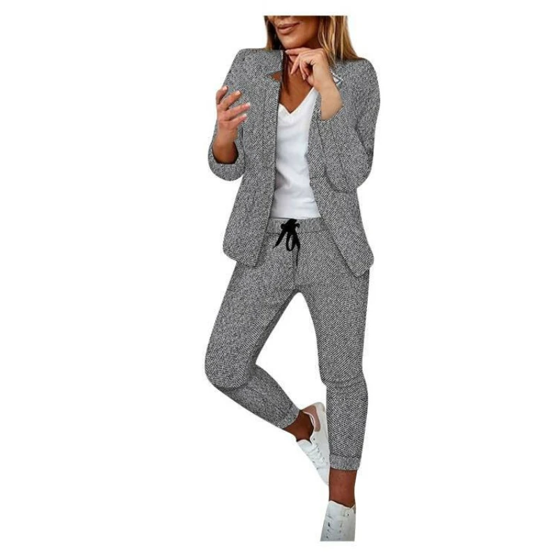 Women Print Blazer Suits Two Piece Pant Sets V Neck Coats Outerwear Pockets Drawstring Pencil Pants Slim Fit Elegant Lady