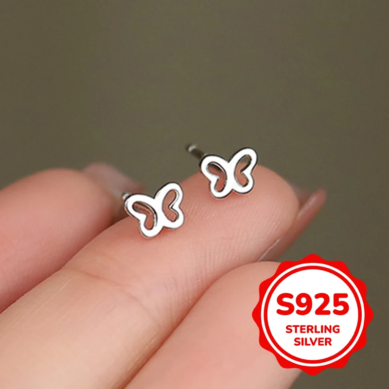 

S925 Sterling Silver Hollow Glossy Butterfly Mini Stud Earrings for Women Simple Classic Fashion Elegant Light Luxury Retro