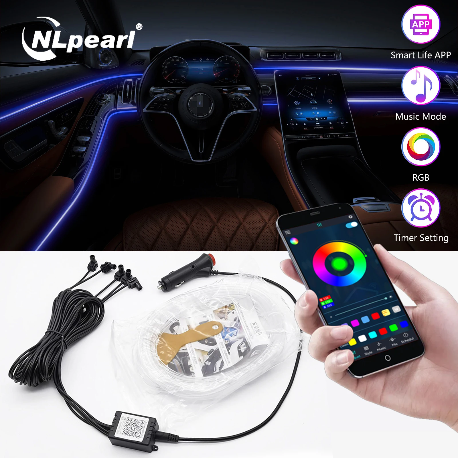 

Nlpearl Car Led Strip Ambient Interior Light 3.0 Optical Fiber RGB LED APP Atmosphere Decorative Lamp Music Control Multip Modes