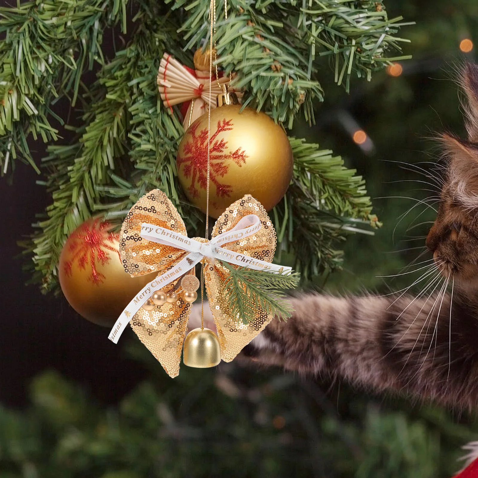 

2Pcs Christmas Bells Glitter Decorative Bowknot Hanging Xmas Tree Ornaments Wreath Garland Holiday Bell Hanging Decor