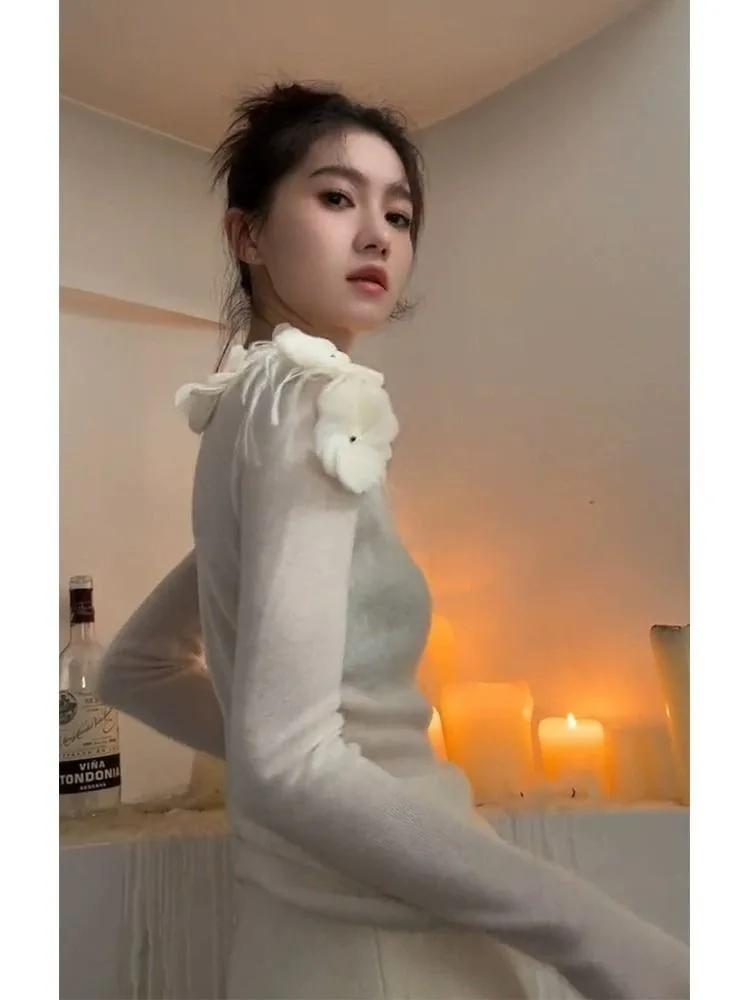 New Chinese Style O-neck Flower Beading Tops Women Spring  Slim Fit White Pullovers Y2k E-Girl Long Sleeve Sweater Mujer