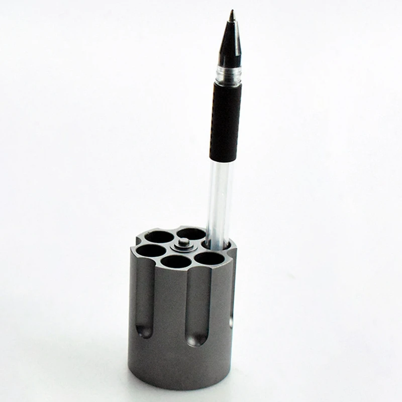 Revolver Pen Holder With 6 Slot Cylinder Design Heavy Duty Non-Slip Aluminum Alloy Office Creative Ornament