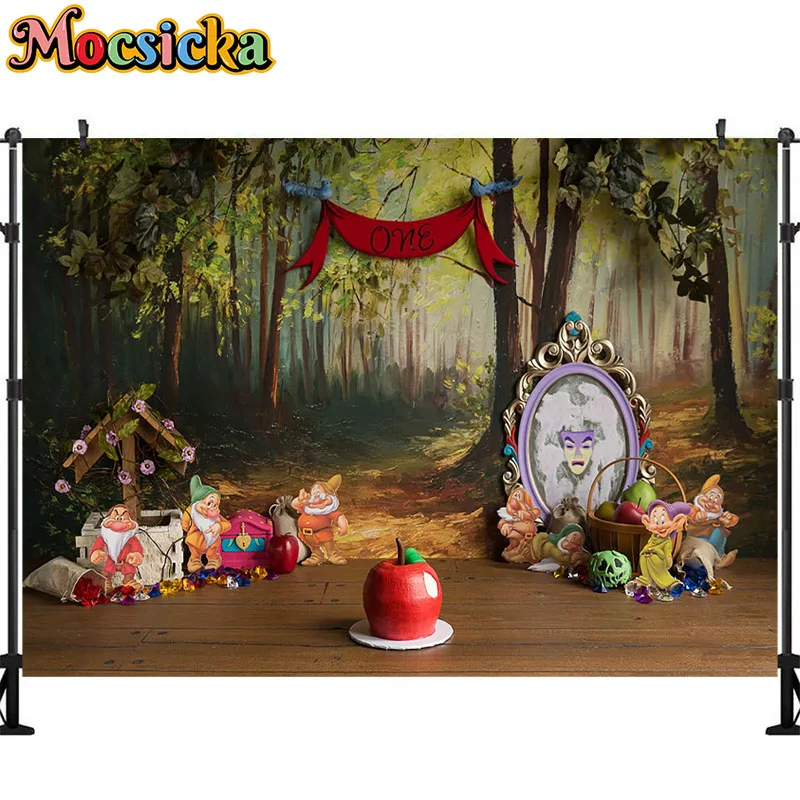 Princess Snow White Backdrop Enchanted Forest Snow White and The Seven Dwarfs Party Background for Girl First Birthday Princess