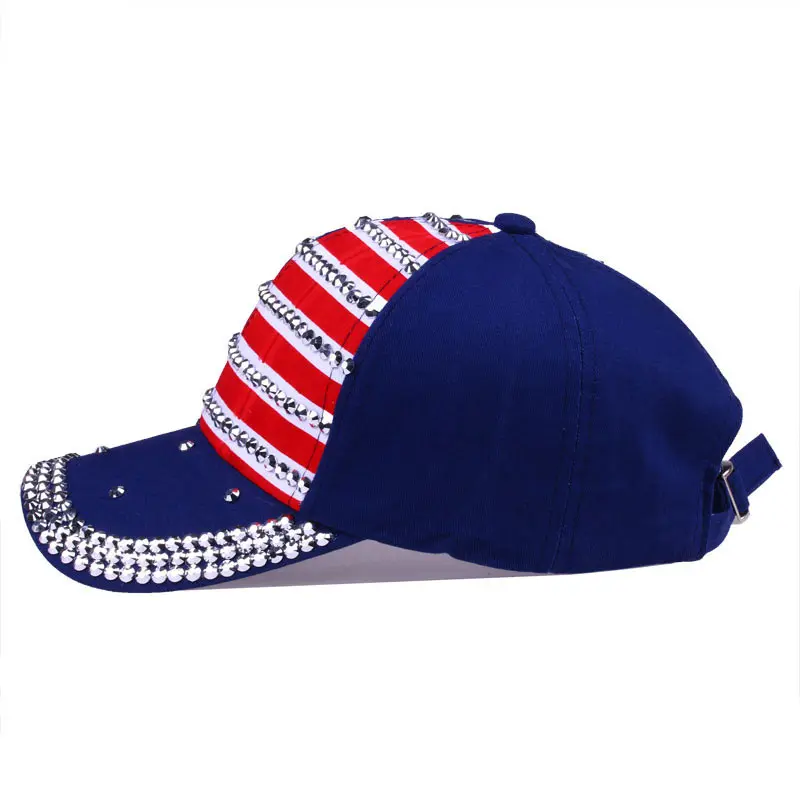 Bling Rhinestone Stripe Stars American Flag Baseball Cap Snap Back Hats for Men Women,Navy Red Black