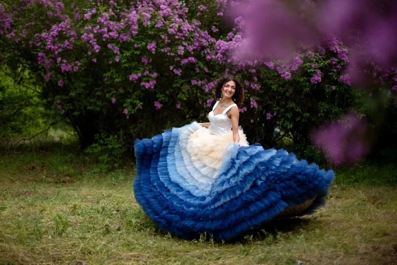 Saias de casamento em camadas femininas, Vestidos Extremantes, Vestido de Noivado, Saia Longa, Ombre Cor Azul, Couture Casamento