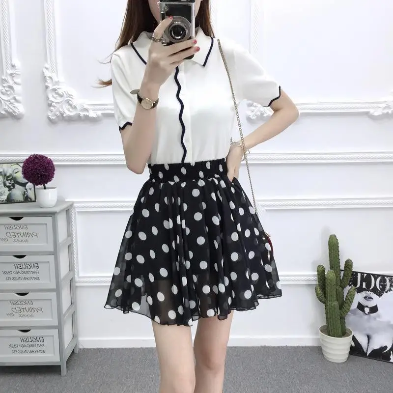 Women\'s Floral Skirt Chiffon Korean Vintage High-waisted Sexy White Polka Dot Summer A-line Mini Skirts for Women Fashion Short