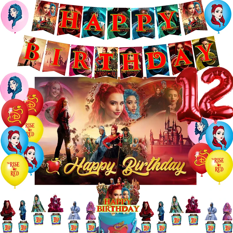 Disney Descendants The Rise of Red Birthday Party Decoration Balloon Banner Backdrop Cake Topper Descendants Birthday Supplies