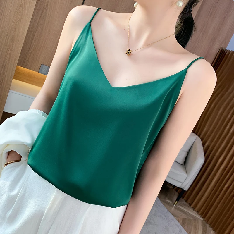 2023 Summer Silk V-Neck Strap Basic Top Women's Korean Fashion Versatile Sleeveless Tank Top White Large Satin Clothing