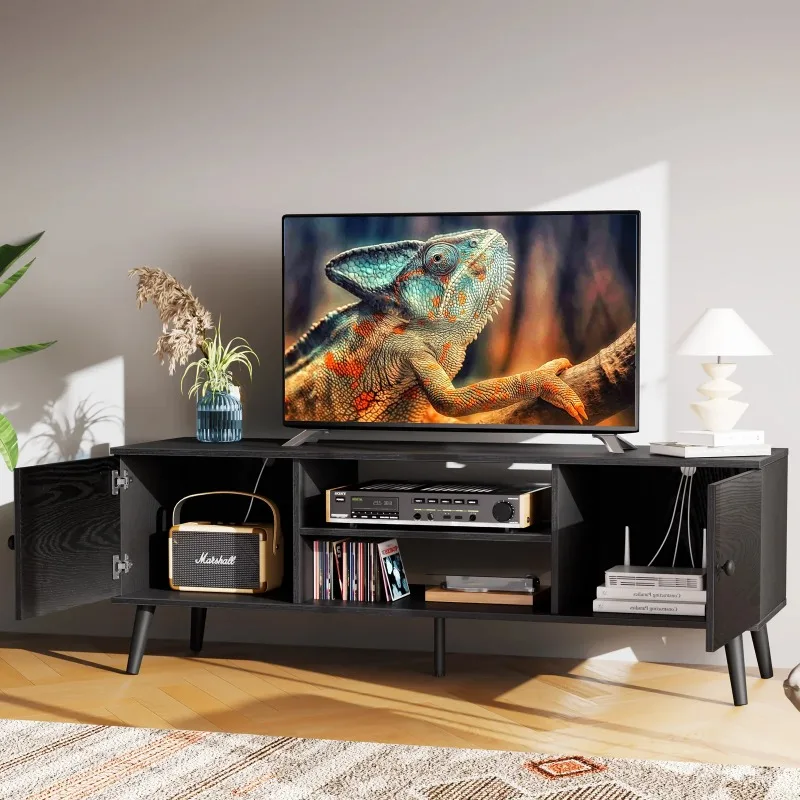 

Wood TV Stand with 2 Storage Cabinets, Modern Entertainment Center for TVs up to 60 inches, Media Console with Adjustab