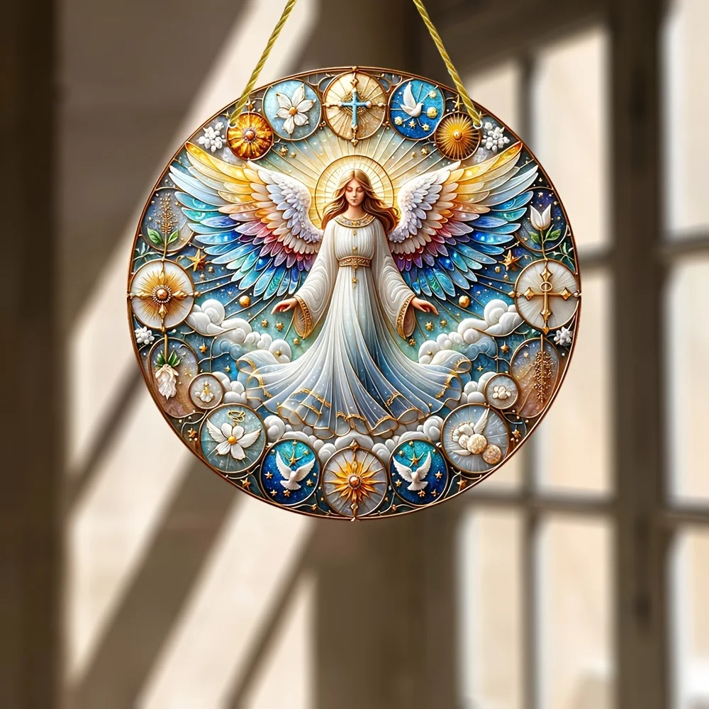 Religious Angel Sun Catcher-Stained Acrylic Window&Garden Decor,Whimsical Gothic Home,Round Sign,Background&Indoor Decor,Gift