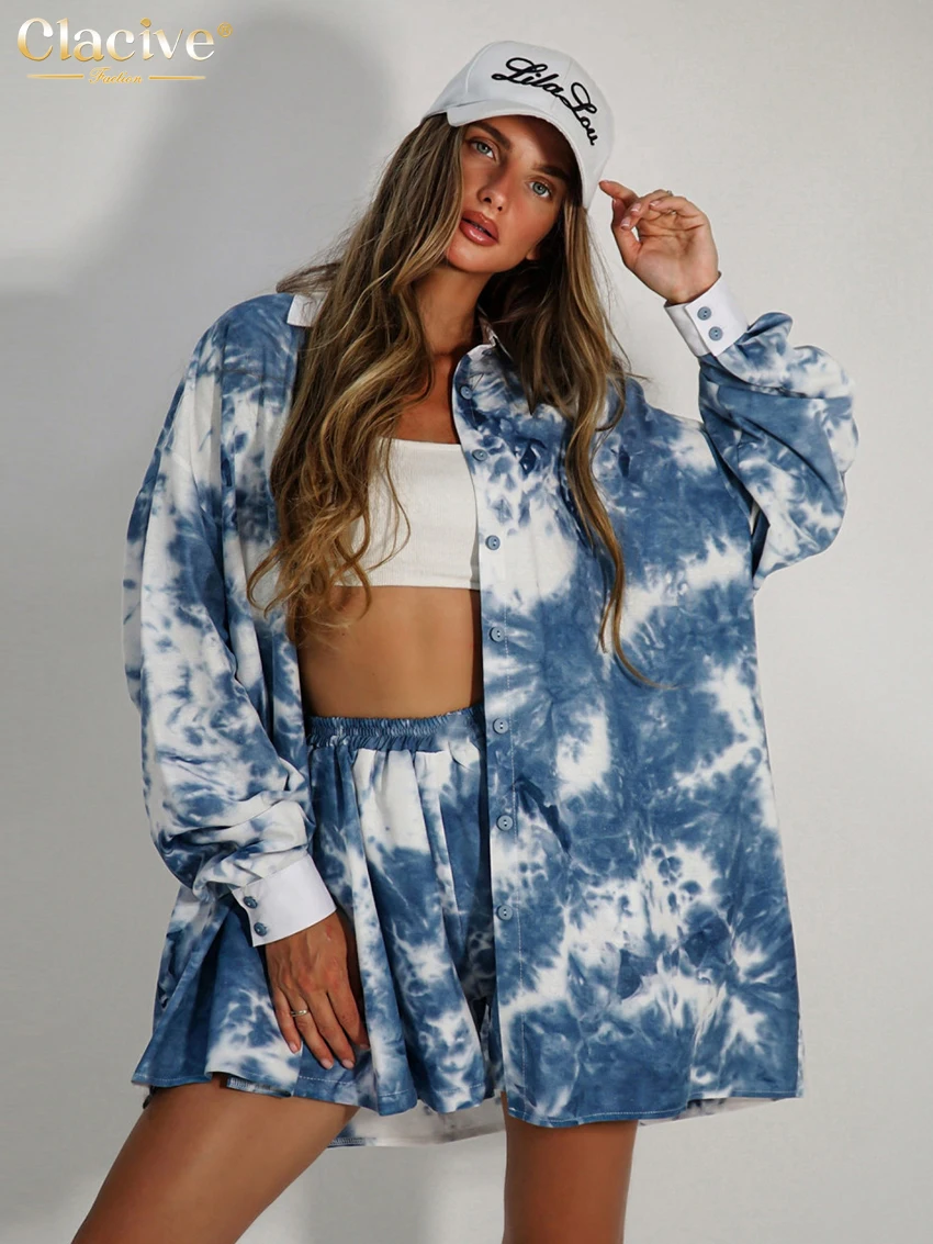 

Clacive Fashion Loose Print 2 Piece Sets Women Outfit 2024 Vintage Long Sleeve Shirt With High Waist Shorts Set Streetwear