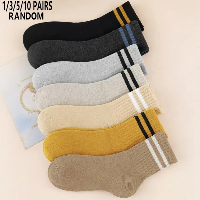 1/3/5/10 Pairs Random Women's Autumn Winter Classic Striped Design Thick Fleece Lined Warm Terry Mid-Calf Socks