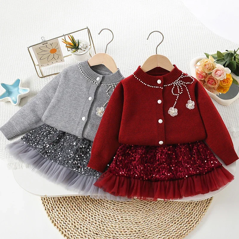2025 New Autumn 2-6Yrs Children Clothes Set Long Sleeved Knitted Cardigan Coat+Mesh Short Skirt Baby Girl Knitted Clothes Suit