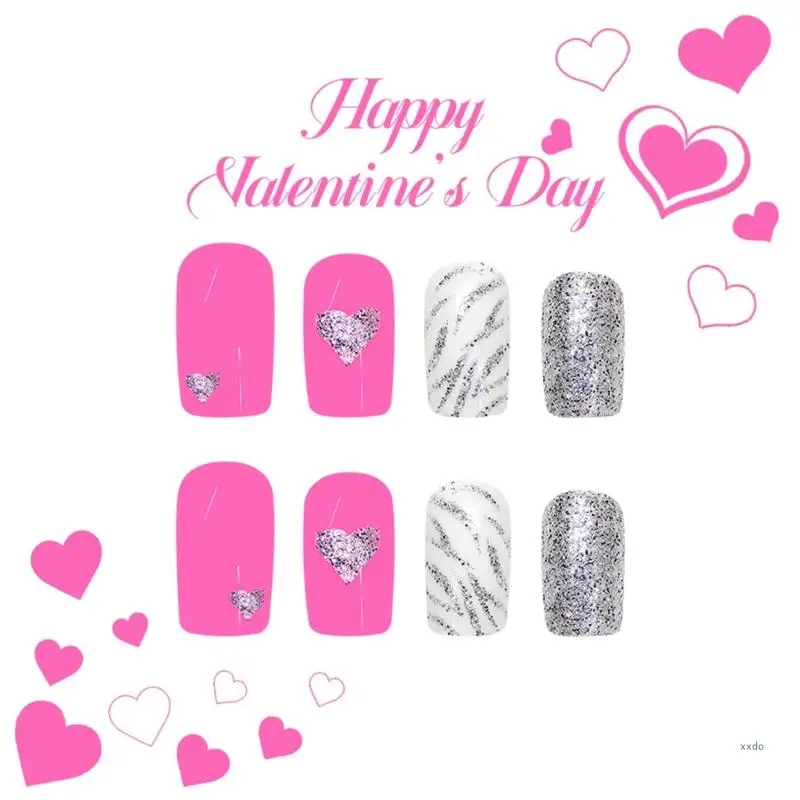 24 piezas uñas postizas acrílicas con forma corazón brillante plateado con temática del Día Valentín para mujeres a