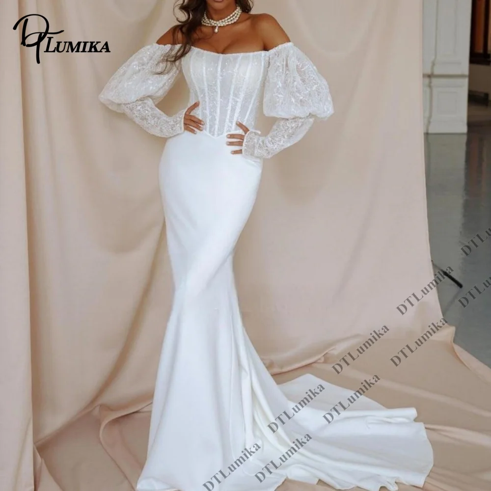 

DTLumika Off Shoulder Wedding Dress Mermaid Long Bride Dresses Full Sleeves Lace Court Train Customized Simple Bridal Gown