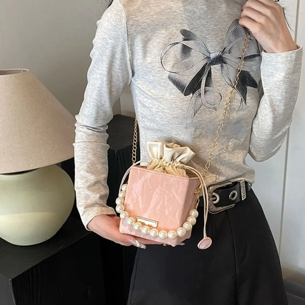 Vintage Fashion Chain Handbag Gifts PU Leather All-match Drawstring Handbag Small Square Bag Pearl Waist Bag Shoulder Crossbody