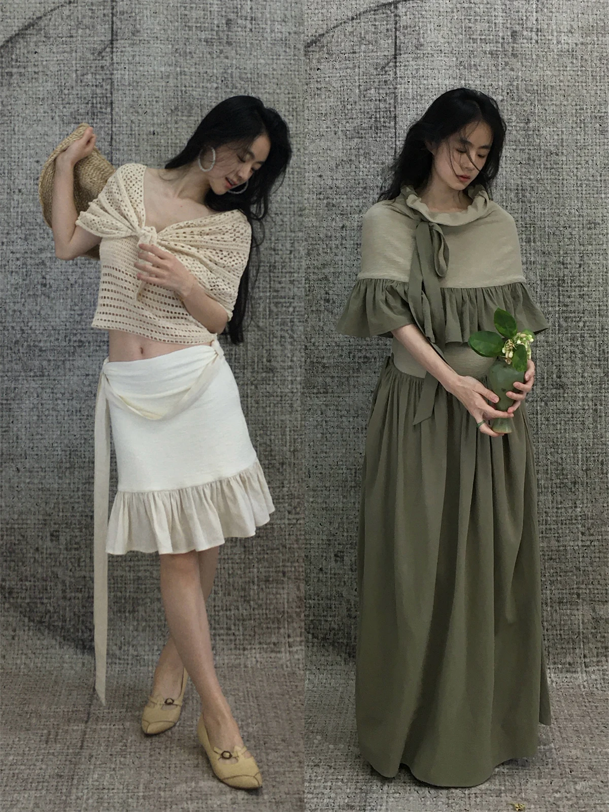 

Spring Summer Plant Series Cowl Ne f Skirt with Belt Design l Elastic Splicing Faionable Women's Single-Piece En...