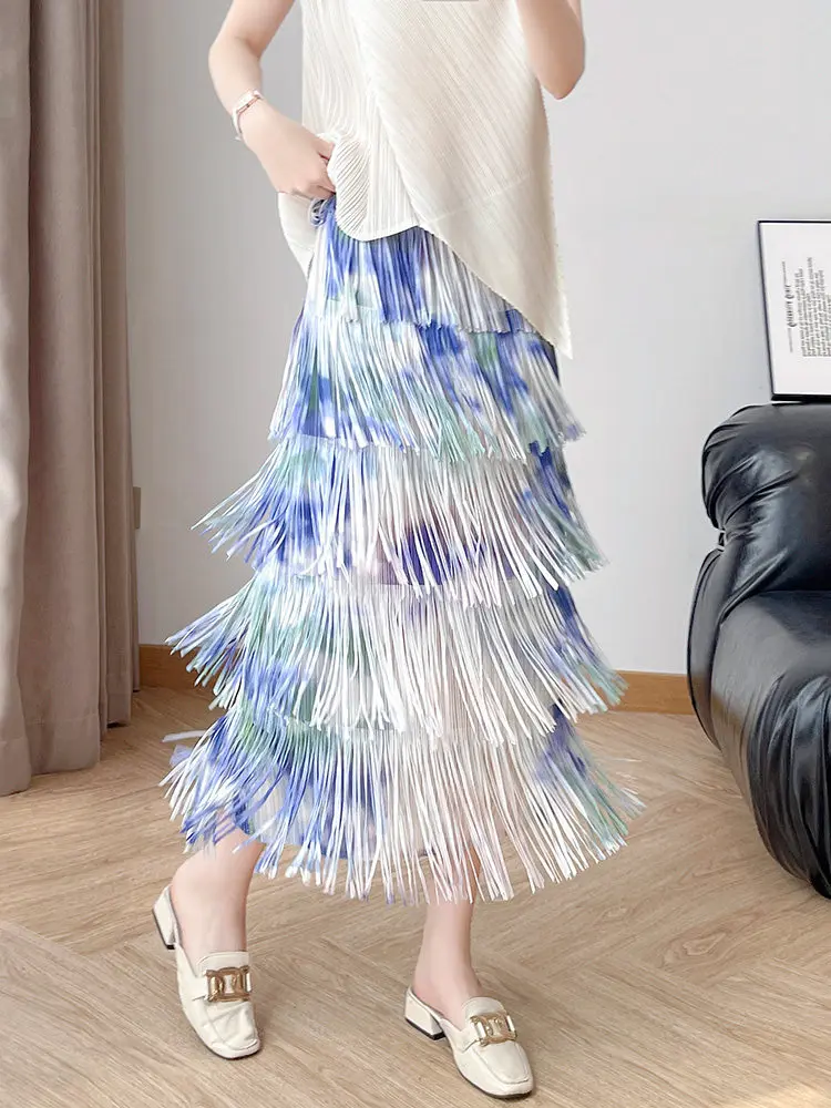 

Miyake Style Pleated Tassel Skirt 2026 Summer New Color Gradient Temperament Versatile High Waist Slim Skirt