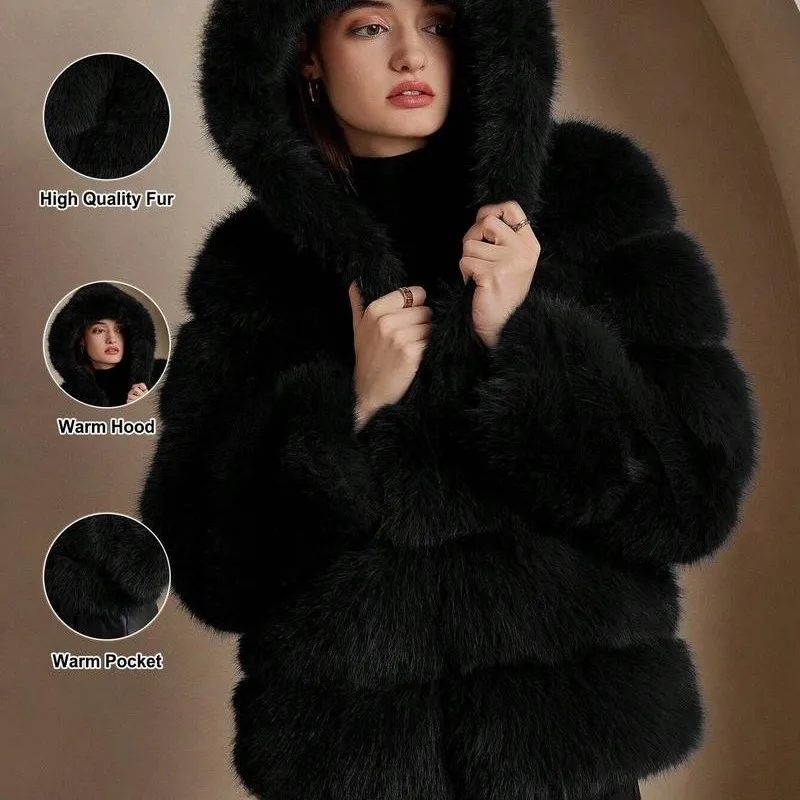 Korean Style Women's Short Hooded Faux Fox Fur Coat Fashion Streetwear with Faux Fur Trim Thickened Winter Faux Fur Outwear