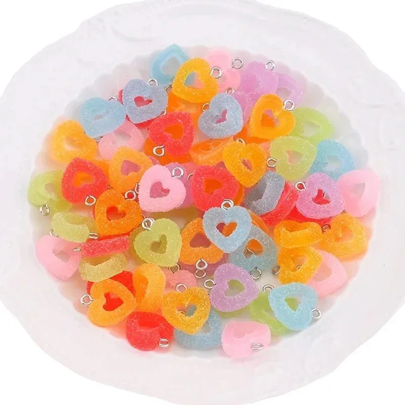 10Pcs/Lot Kawaii Heart Shaped Soft Candy Resin Charms Colorful Cute Pendants Bulk Supplies For Earrings Bracelets Jewelry Making