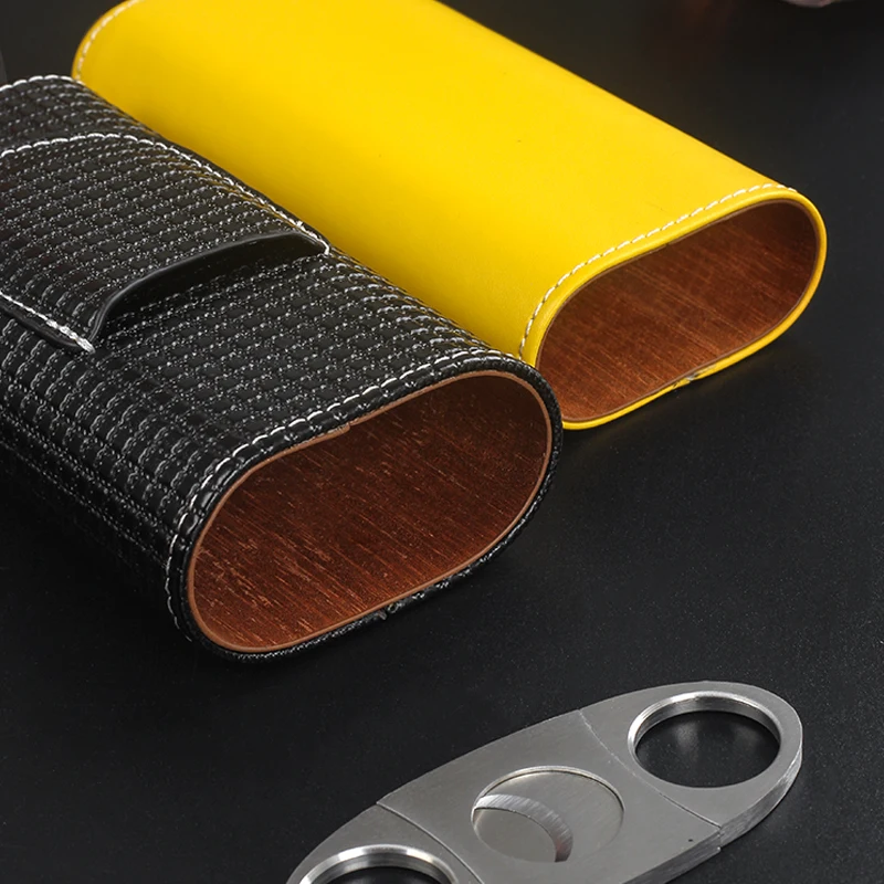 Cigar Case Portable 3fingers PU Leather Cigar Box Outdoor Travel Humidor Storage Case Cigar Tube With Cutter