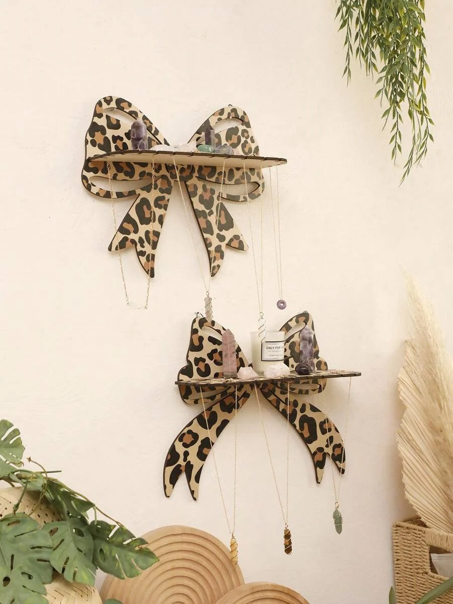 Soporte de almacenamiento de artículos diversos flotante montado en la pared, soporte de pared con lazo con estampado de leopardo, estante de decoración para el hogar para sala de estar, estante de exhibición artesanal