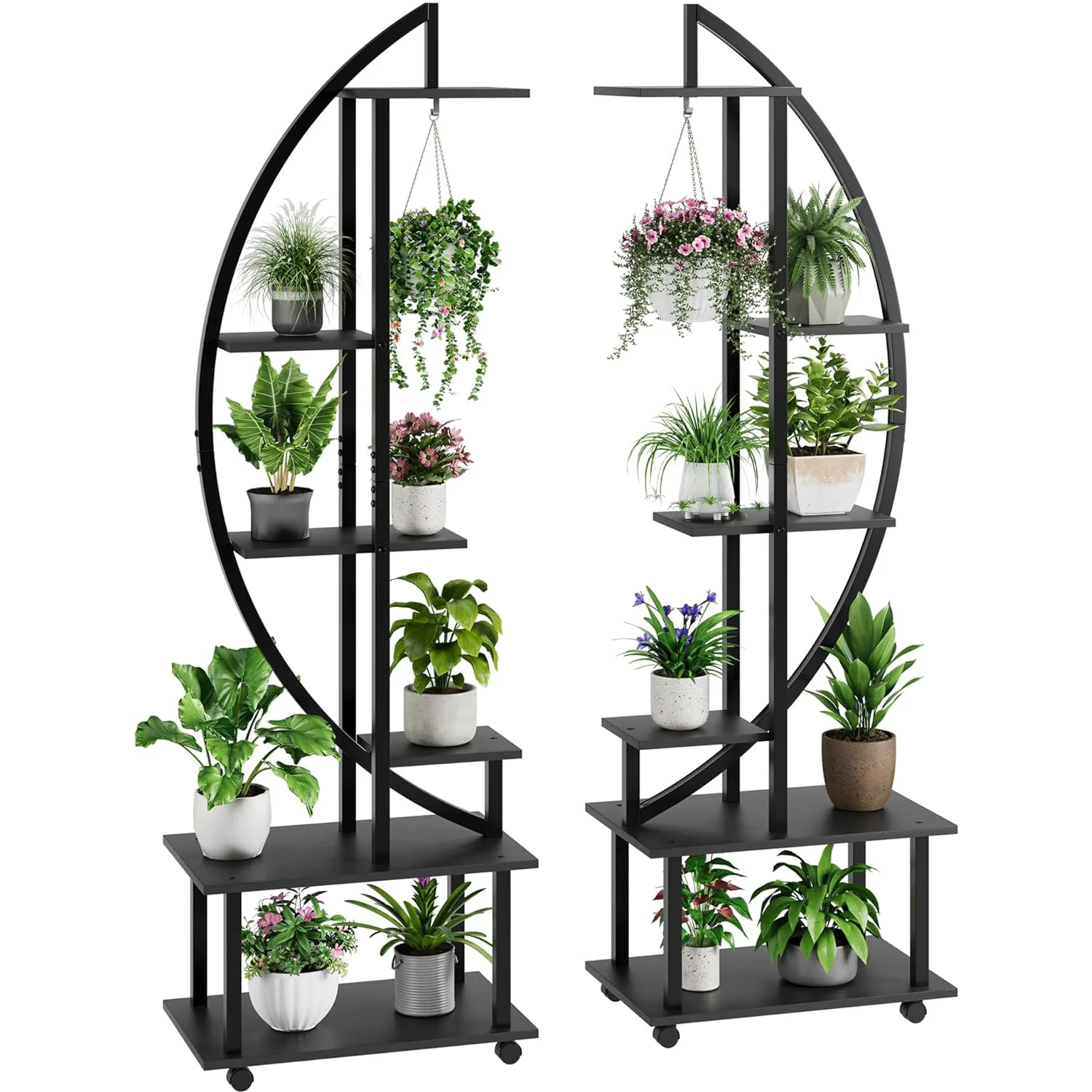 6-laags halvemaanvormige plantenstandaard voor binnen, metalen displaystandaard, woondecoratie, kamerdecoratie, bloemenplank met wielen, 2 stuks