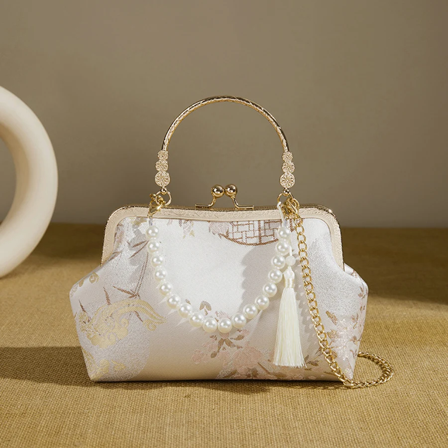 

Fashion Clip-On Chinese Evening Bag With Contrasting Flower Print, Pearl Chain Handbag, Elegant Crossbody Bag for Daily Travel