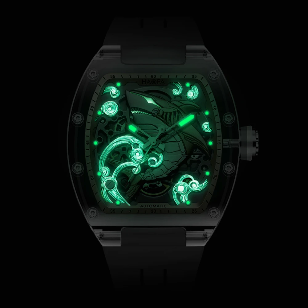 Haofa 3D Shark Dial Mechanical Watch for Men Creative Automatic Hollow Transparent Watch Luminous Men Watch Casual Fashion 2322