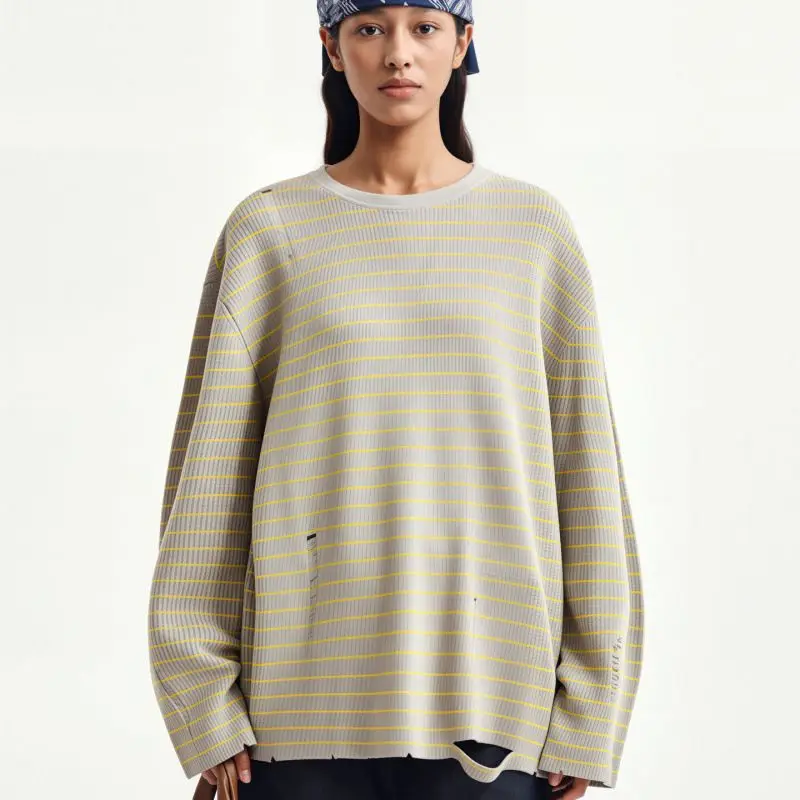 Korean Niche Streetwear Brand Matin Kim Vintage Stripe Crew Neck Long Sleeve Distressed Knitwear Sweater Unisex Casual