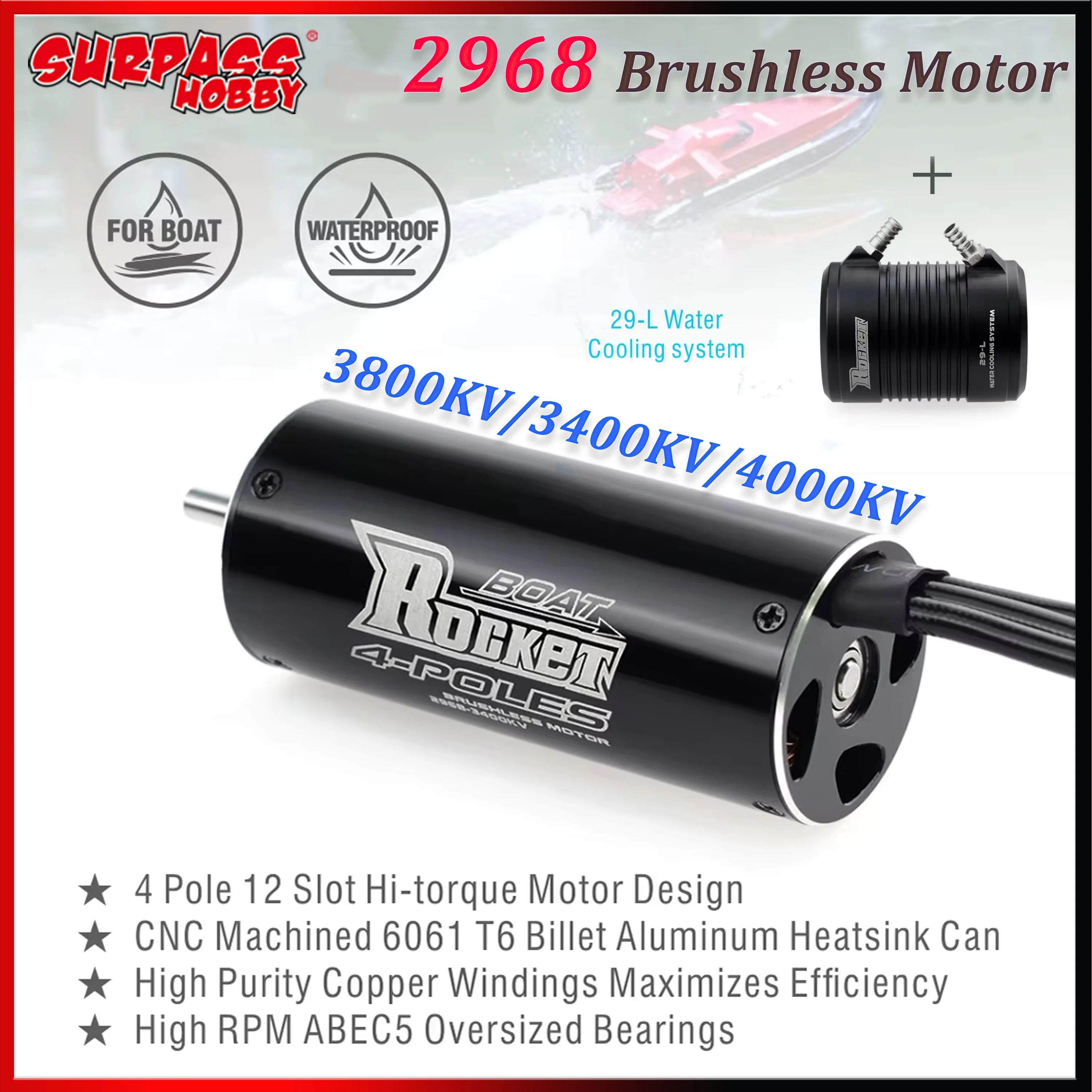 

Surpass Hobby Rocket 2968 3800/3400/4000KV Waterproof Brushless Motor 29-L Water Cooling Jacket for RC Boat Feilun Traxxas Model