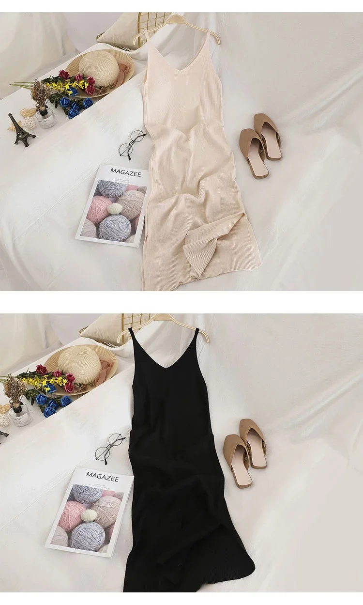 Slip Dress Women Summer Knit Tank Dress Slim V-neck Solid Color Sleeveless Long Dress