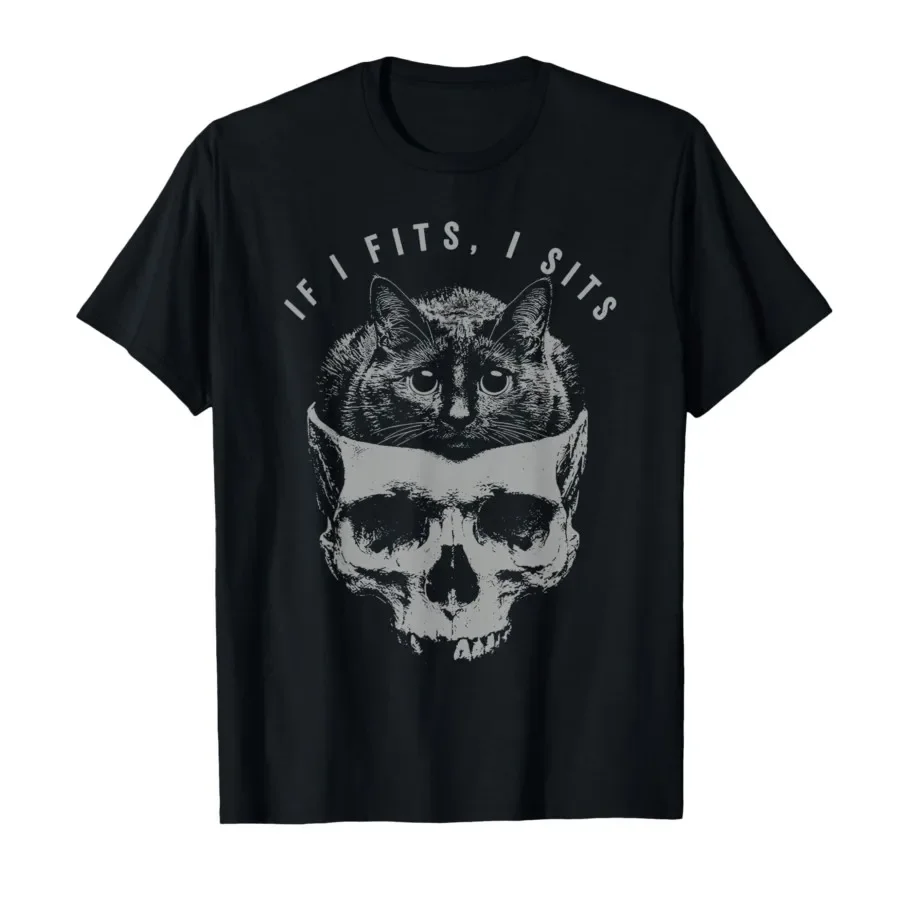 If It Fits I Sit Black Cat Skull Minimalist Meme Humor T-shirt For Men Women 100% Cotton T Shirts Short Sleeve Tops 0413-3