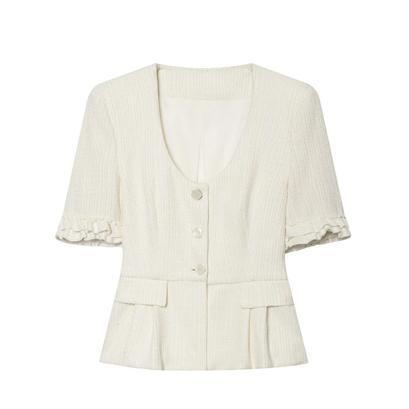 YENKYE Round Neck Short Sleeve Ruffled Peplum Tweed Jacket Women Elegant Office Casual Wear