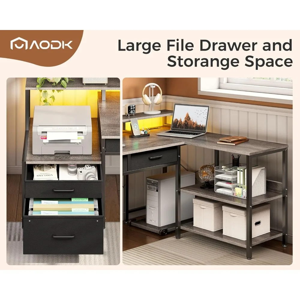 5개의 서류 서랍이 있는 L자형 책상, 75인치 양면 사용 가능한 L자형 컴퓨터 책상 (전원 콘센트 및 LED 스트립 포함), 수납 공간이 있는 사무용 책상