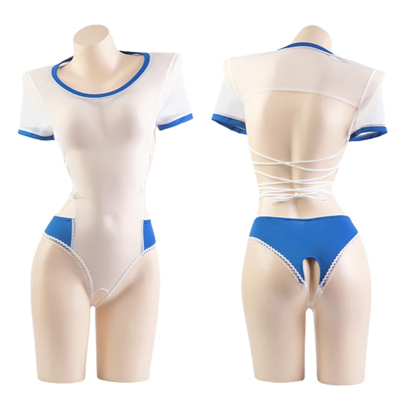 Anime See Through School Girl Swimsuit Gym Suit Cosplay Costume Mesh Bandage Hollow Student Outfits Role Play Underwear Lingerie