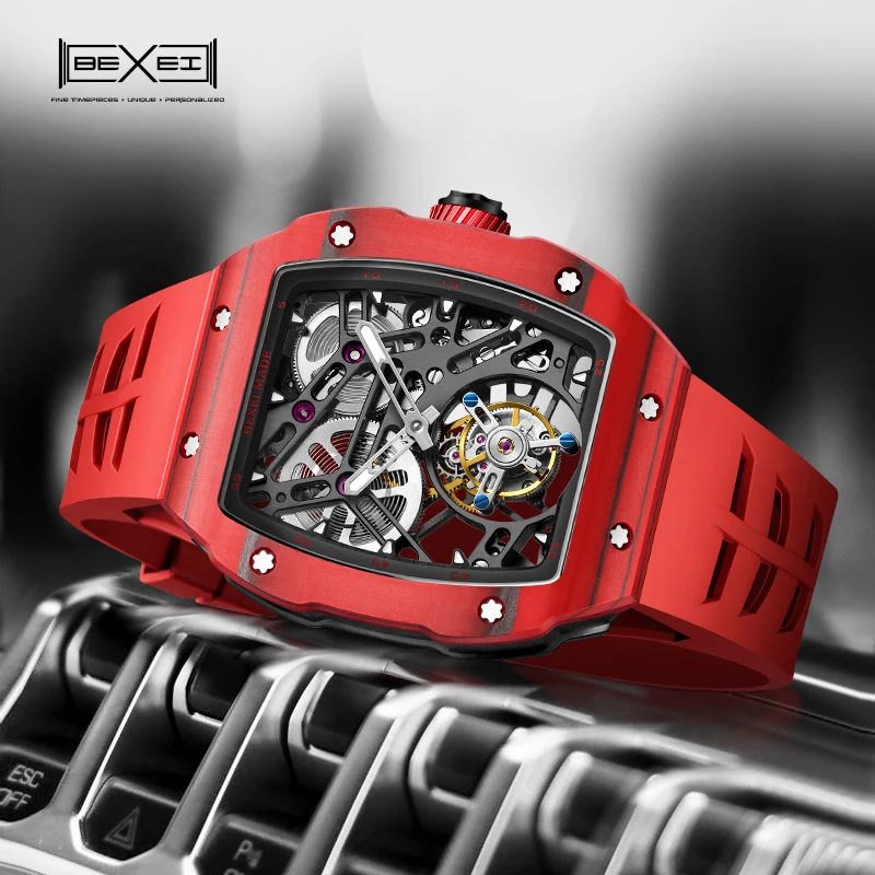 BEXEI ألياف الكربون توربيون حركة رجل ساعة دليل تحلق توربيون الميكانيكية الفاخرة الهيكل العظمي ساعات رجالية 9089 #3