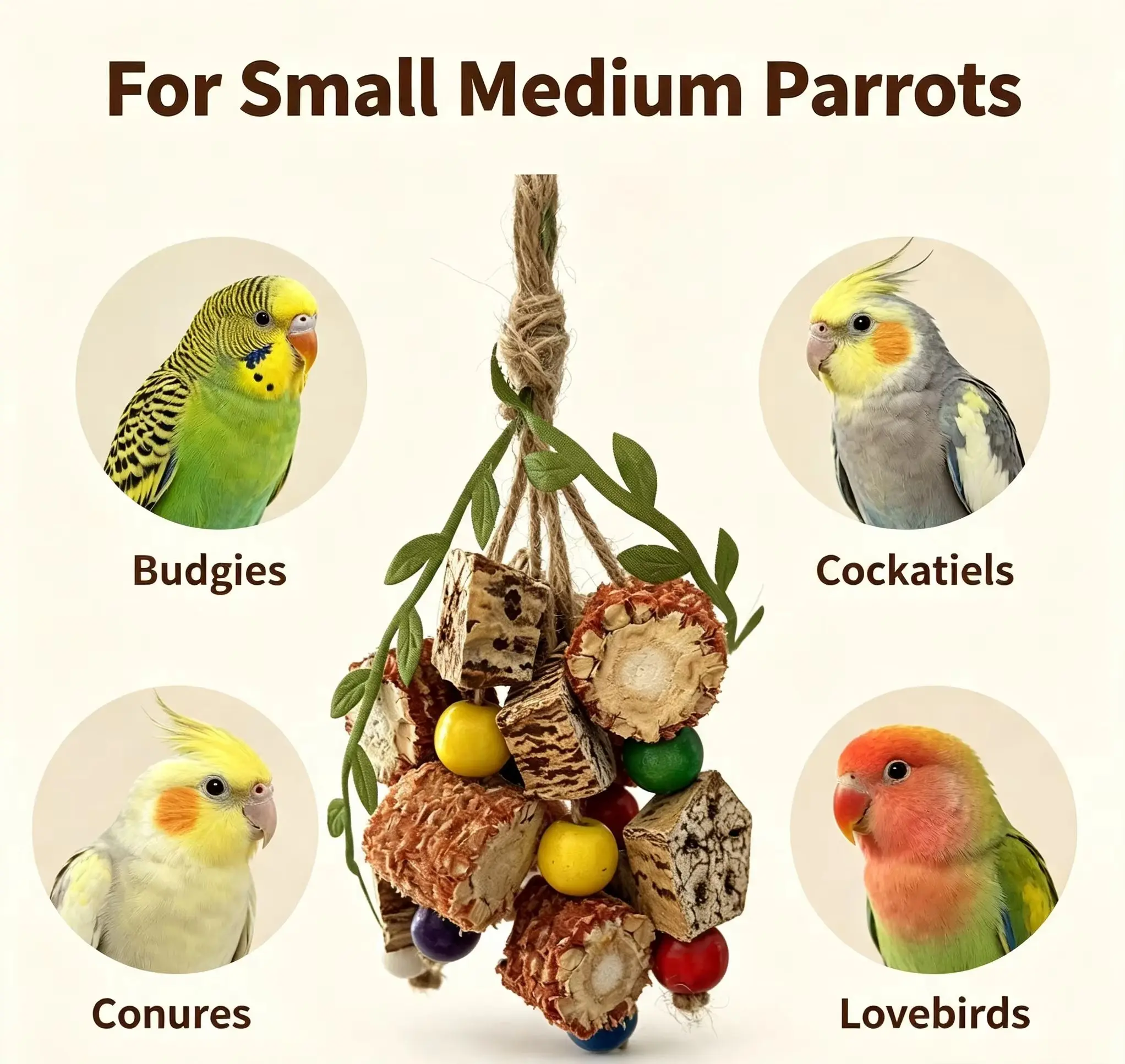 2 Pack Natural Bird Chew Toys, Colorful Hanging Cage Accessories, Parrot Toys for Cockatiels, Budgies, Parakeets, Sun Conures