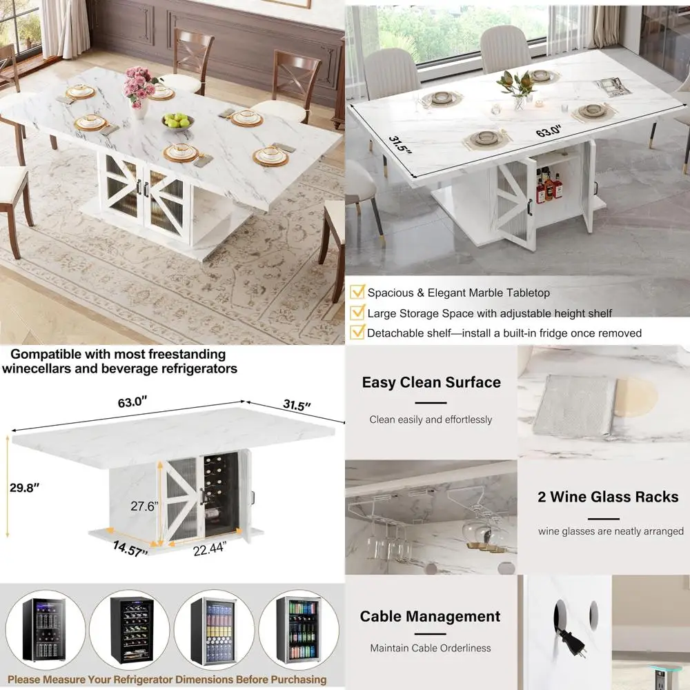 Mesa de jantar moderna LVB para 4 a 6, mesa de cozinha retangular branca com armazenamento, mesa de sala de jantar com pedestal de madeira com geladeira Sp