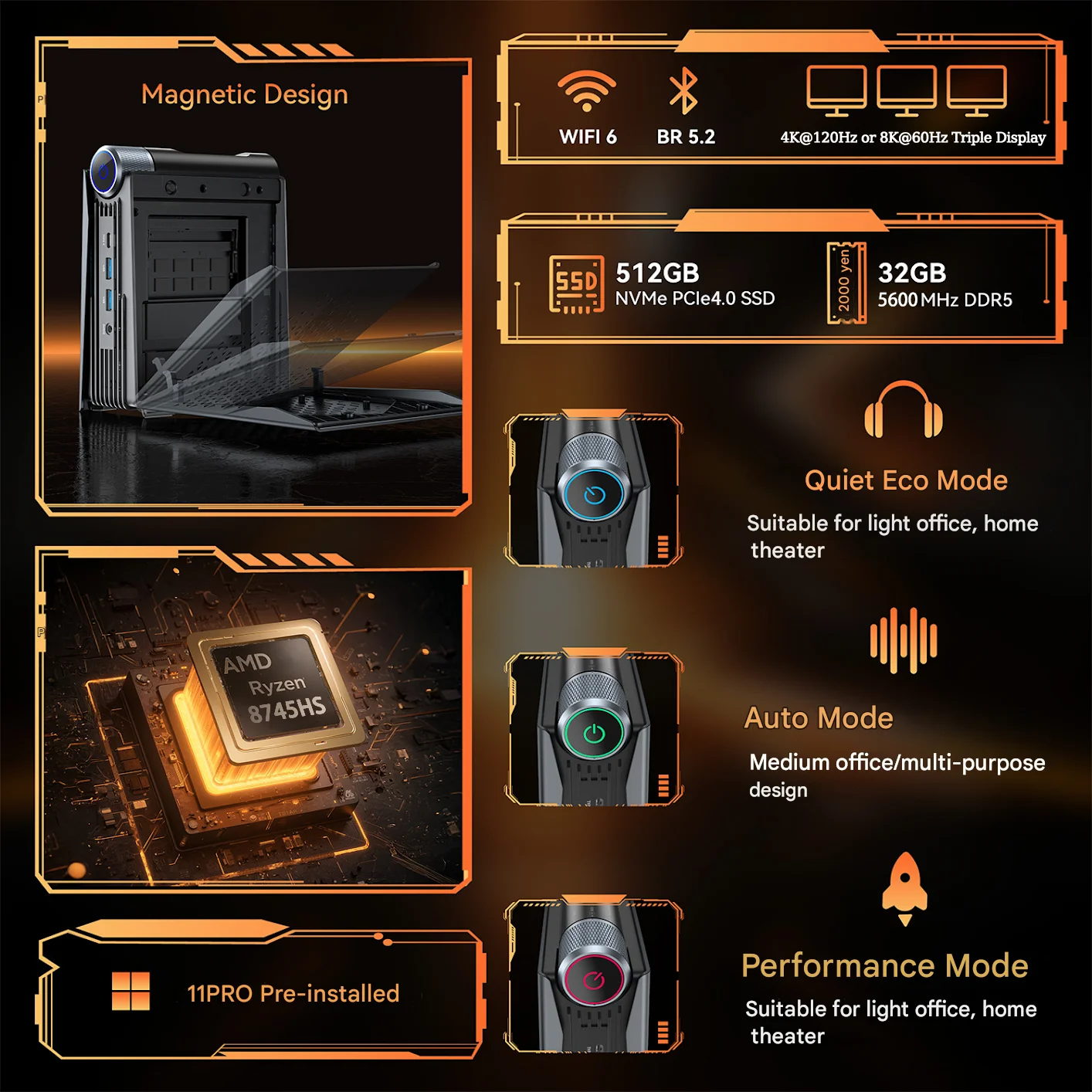كمبيوتر ACEMAGIC MINI AMD Ryzen 7 8745HS 32GB RAM 1TB SSD Windows 11 Pro كمبيوتر صغير Wifi6 BT5.2 مع ضوء RGB 4K شاشة ثلاثية