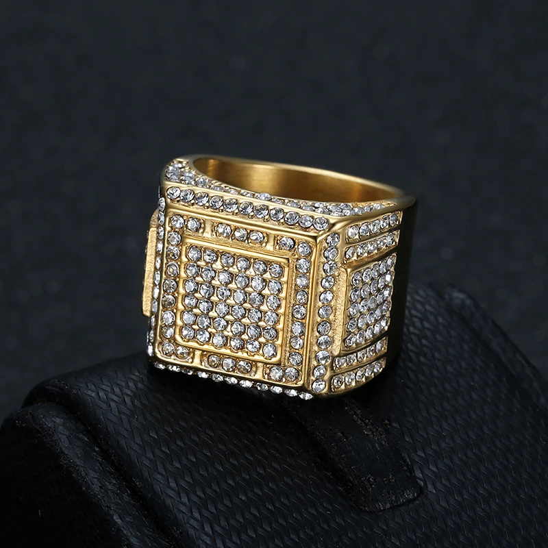 Hip Hop Bling Iced Out Stainless Steel Geometric Square Finger Rings Man Signet Ring for Men Rapper Jewelry Gold Silver Color