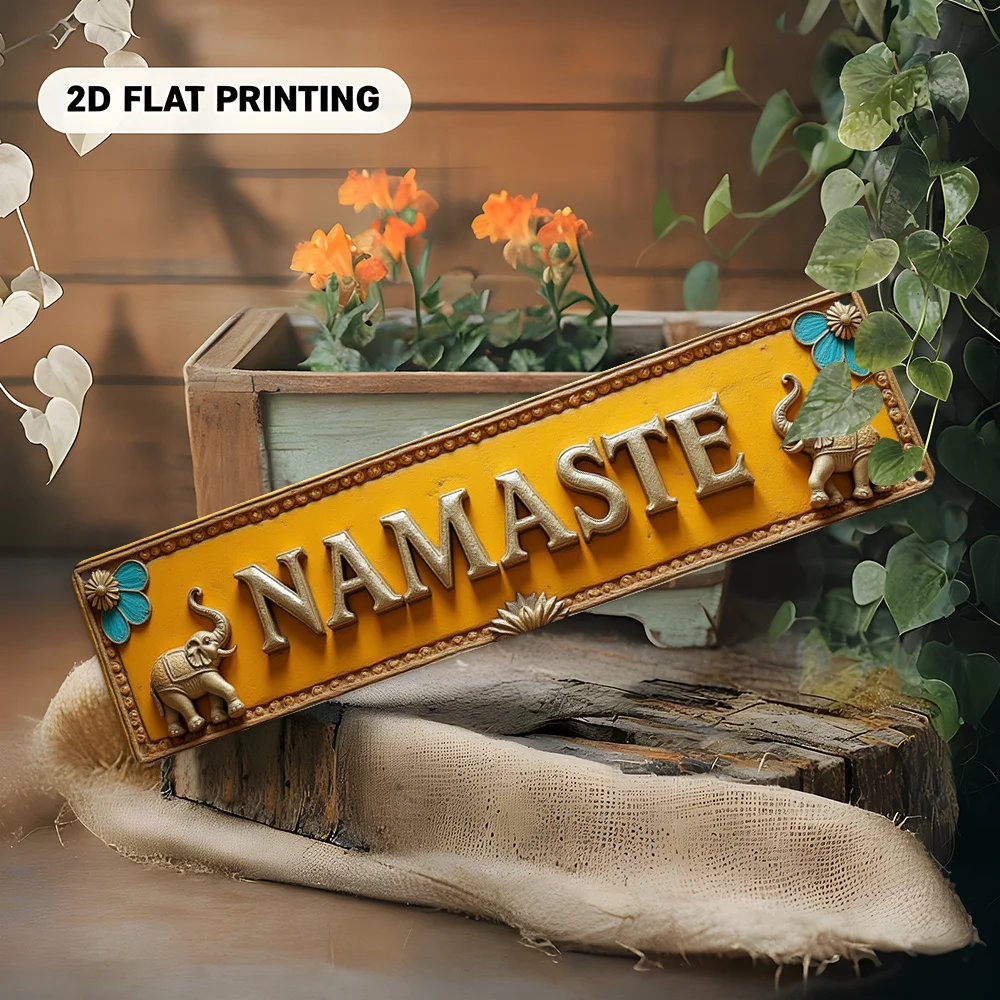 2D Flat, Aluminum Signboard, an Interesting Wall-mounted Aluminum Decoration Item Elephants  NAMASTE Yellow Background