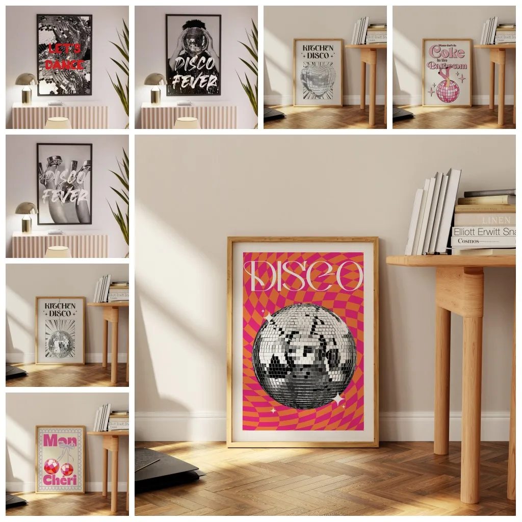 Shiny Disco Ball Print Retro Wall Art Black White Pink Bulb Canvas Painting Murals for Dorm Room Living Decor