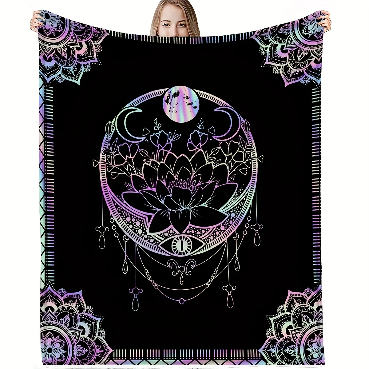 

Moon Lotus Flannel Blanket - Colorful Boho Print Square Throw, Soft Gift for Adults, Perfect for Home/Picnic/Travel Decor