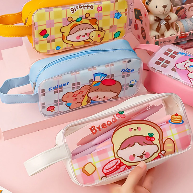 Cute Sweetheart PVC Handheld Pen Case Storage Stationery Bag Simple Pencil Box Transparent Large Capacity Pencil Case Kids Gift