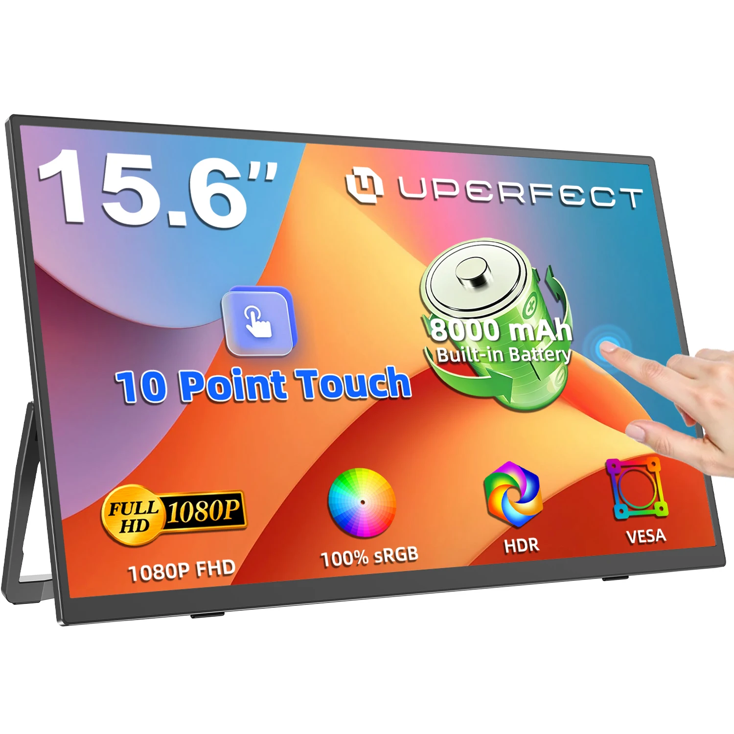 UPERFECT 10-Punkte Touchscreen tragbarer Monitor mit Batterie 8000mAh 15,6 "1080P IPS Reisemonitor 100% sRGB 300Nits Ultra-Slim Zweiter Bildschirm USB-C & MINI HDMI VESA & Stand für PC Telefon Laptop